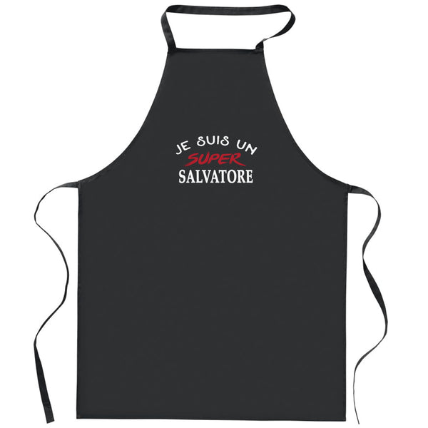 Tablier Noir Super Salvatore 1 | Apron | Idée Tablier Personnalisable Cadeau Anniversaire Cuisine Jardinage Fête Original Famille Travail Départ Collègue Retraite