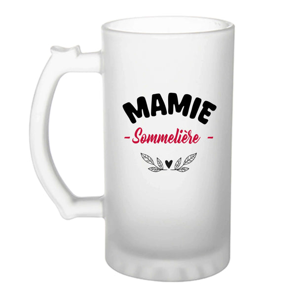 Verre à bière d'une Mamie Sommelière - Chope - Idée Verre à bière Personnalisable Cadeau Anniversaire Fête Original Famille Travail Départ Collègue Retraite Noël.