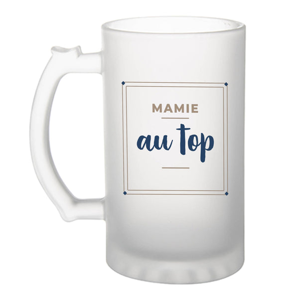 Verre à Bière Mamie au Top - Beer Glass - Idée Chope de Bière Cadeau Anniversaire Fête Original Famille Travail Départ Collègue Retraite Noël. - Marron&Bleu - 3
