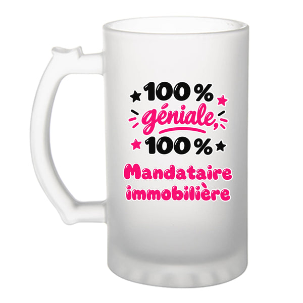 Verre à Bière 100% Géniale 100% Mandataire immobilière - Beer Glass - Idée Chope de Bière Cadeau Anniversaire Fête Original Famille Travail Départ Collègue Retraite Noël.