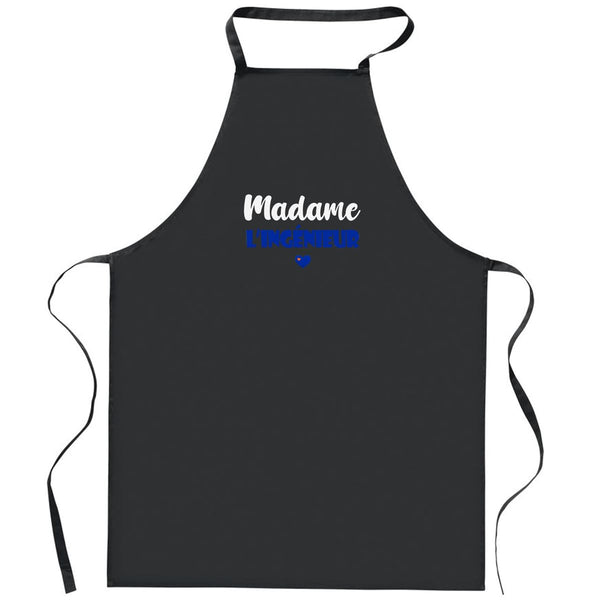 Tablier Noir Madame lingenieur | Apron | Idée Tablier Personnalisable Cadeau Anniversaire Cuisine Jardinage Fête Original Famille Travail Départ Collègue Retraite