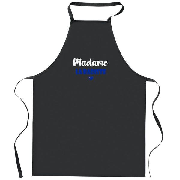 Tablier Noir Madame la badiste | Apron | Idée Tablier Personnalisable Cadeau Anniversaire Cuisine Jardinage Fête Original Famille Travail Départ Collègue Retraite
