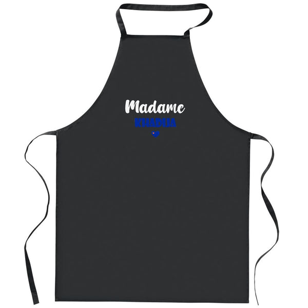 Tablier Noir Madame Khadija | Apron | Idée Tablier Personnalisable Cadeau Anniversaire Cuisine Jardinage Fête Original Famille Travail Départ Collègue Retraite