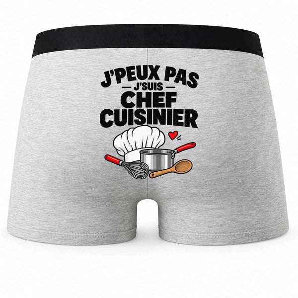 Boxer Homme Chef Cuisinier J'peux Pas | pour Lui | Caleçon Coton Gris Motif au Dos Coutures Plates S à 5XL | Idée Cadeau Restaurant Fête des Pères Noël