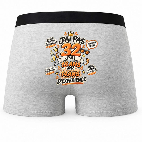 Boxer Homme Anniversaire 032 Ans Expérience | Caleçon Coton Gris Motif au Dos Coutures Plates S à 5XL | Idée Cadeau Fête des Pères Noël