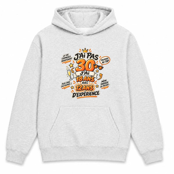 Sweat à Capuche Anniversaire 030 Ans Expérience | Hoodie Molleton Gratté 280 g/m² Gris Chiné Poche Kangourou | Unisexe XS à 5XL | Idée Cadeau Noël Anniversaire