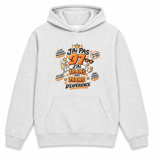Sweat à Capuche Anniversaire 097 Ans Expérience | Hoodie Molleton Gratté 280 g/m² Gris Chiné Poche Kangourou | Unisexe XS à 5XL | Idée Cadeau Noël Anniversaire