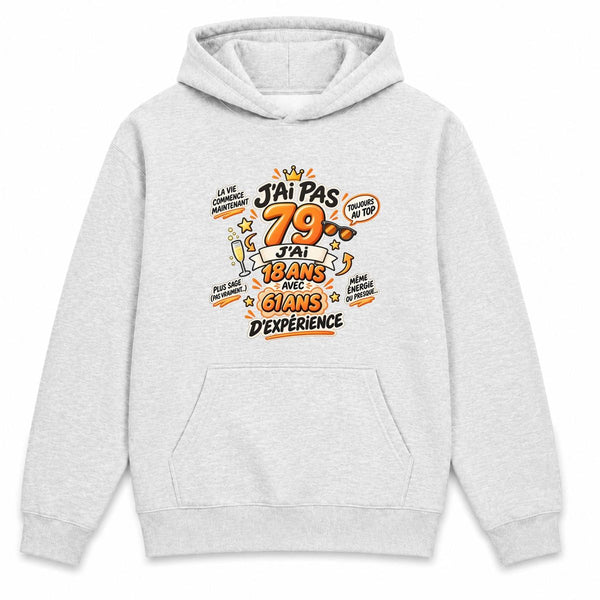 Sweat à Capuche Anniversaire 079 Ans Expérience | Hoodie Molleton Gratté 280 g/m² Gris Chiné Poche Kangourou | Unisexe XS à 5XL | Idée Cadeau Noël Anniversaire