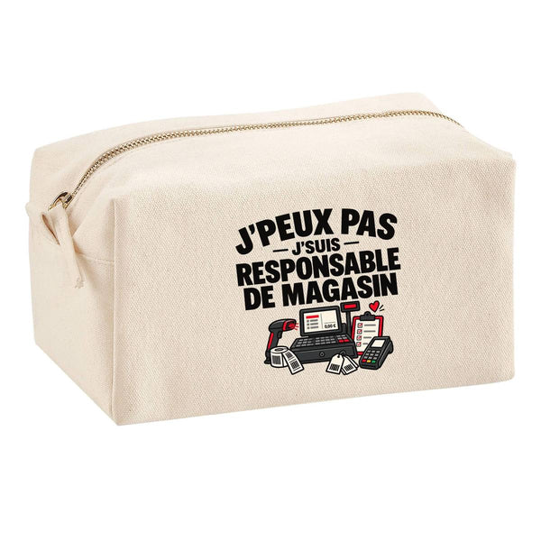 Trousse Multifonction Responsable de Magasin J'peux Pas | pour Elle | Pochette Coton 2,5 L Zip Métal Forme Cubique | Toilette Maquillage École Câbles | Idée Cadeau Commerce Rentrée