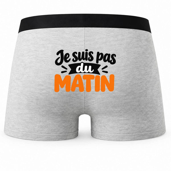 Boxer Homme Je suis Pas du Matin Expressions Françaises | Caleçon Coton Gris Motif au Dos Coutures Plates S à 5XL | Idée Cadeau Collègue Fête des Pères Noël