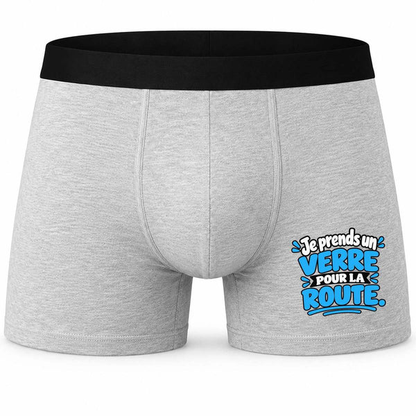 Boxer Homme Je Prends Un Verre pour la Route. Expressions Françaises | modèle 2 | Caleçon Coton Gris Motif Devant Coutures Plates S à 5XL | Idée Cadeau Amateur Apéro Fête des Pères Noël