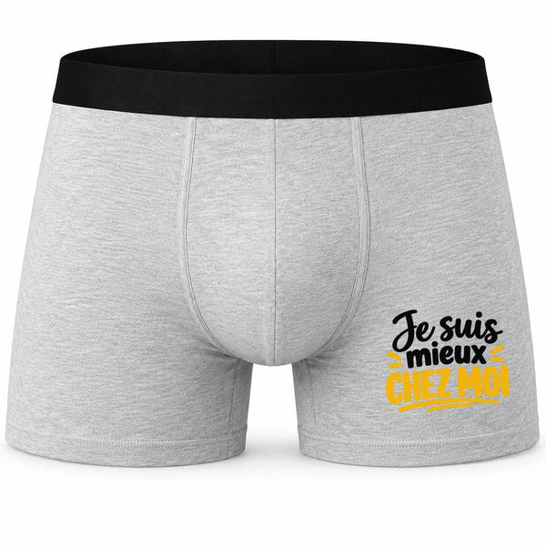 Boxer Homme Je suis Mieux chez Moi Expressions Françaises | Caleçon Coton Gris Motif Devant Coutures Plates S à 5XL | Idée Cadeau Fête des Pères Noël