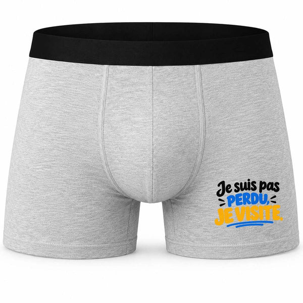 Boxer Homme Je suis Pas Perdu, Je Visite. Expressions Françaises | Caleçon Coton Gris Motif Devant Coutures Plates S à 5XL | Idée Cadeau Fête des Pères Noël
