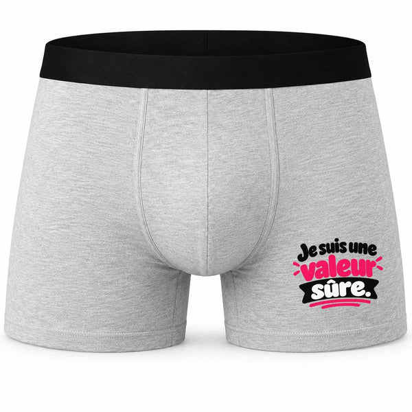 Boxer Homme Je suis Une Valeur sûre. Expressions Françaises | Caleçon Coton Gris Motif Devant Coutures Plates S à 5XL | Idée Cadeau Fête des Pères Noël