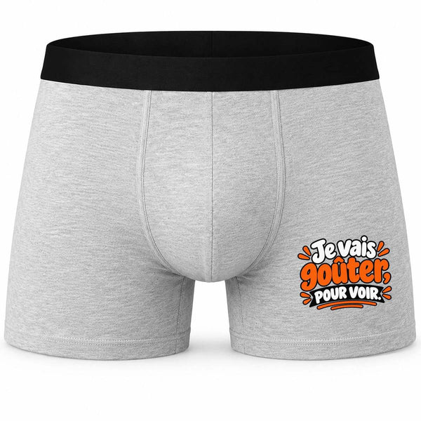 Boxer Homme Je Vais goûter, pour Voir. Expressions Françaises | Orange | Caleçon Coton Gris Motif Devant Coutures Plates S à 5XL | Idée Cadeau Gourmand Fête des Pères Noël