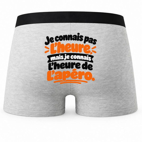 Boxer Homme Je connais Pas l'heure, mais Je connais l'heure de l'apéro. Expressions Françaises | Caleçon Coton Gris Motif au Dos Coutures Plates S à 5XL | Idée Cadeau Fête des Pères Noël
