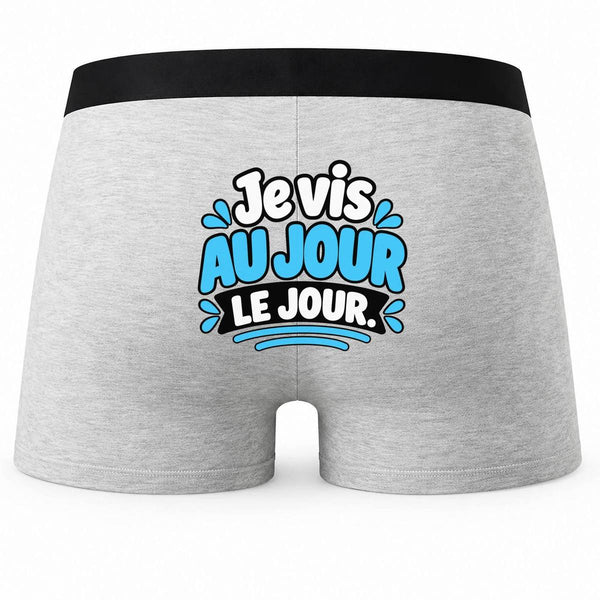 Boxer Homme Je vis au Jour Le Jour. Expressions Françaises | modèle 1 | Caleçon Coton Gris Motif au Dos Coutures Plates S à 5XL | Idée Cadeau Fête des Pères Noël