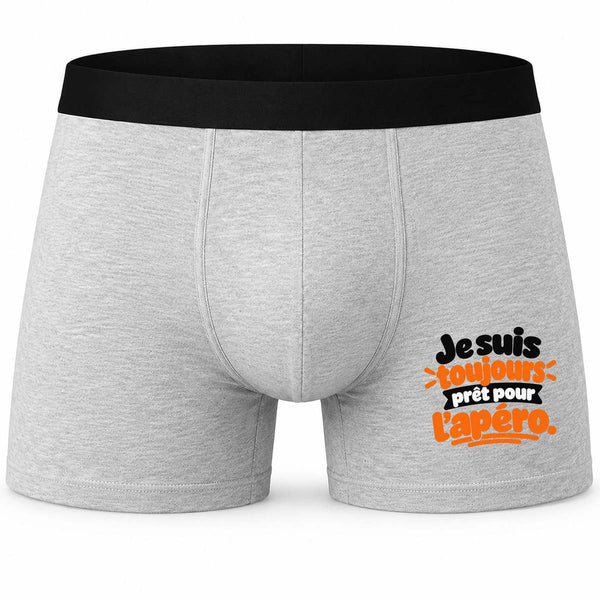 Boxer Homme Je suis Toujours prêt pour l'apéro. Expressions Françaises | Caleçon Coton Gris Motif Devant Coutures Plates S à 5XL | Idée Cadeau Fête des Pères Noël