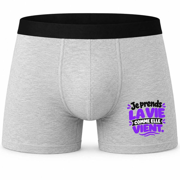Boxer Homme Je Prends la Vie comme Elle Vient. Expressions Françaises | Violet | Caleçon Coton Gris Motif Devant Coutures Plates S à 5XL | Idée Cadeau Fête des Pères Noël