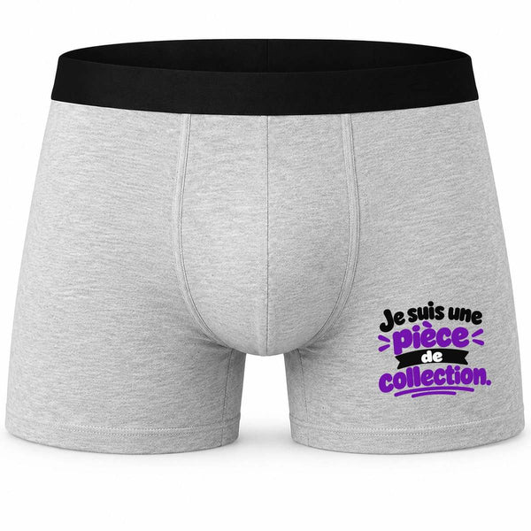 Boxer Homme Je suis Une pièce de Collection. Expressions Françaises | Caleçon Coton Gris Motif Devant Coutures Plates S à 5XL | Idée Cadeau Senior Fête des Pères Noël