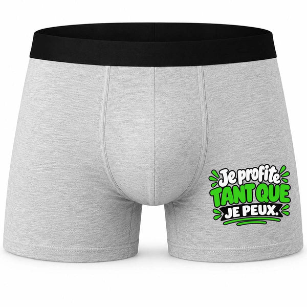 Boxer Homme Je Profite Tant Que Je Peux. Expressions Françaises | Vert | Caleçon Coton Gris Motif Devant Coutures Plates S à 5XL | Idée Cadeau Fête des Pères Noël