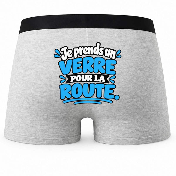 Boxer Homme Je Prends Un Verre pour la Route. Expressions Françaises | modèle 2 | Caleçon Coton Gris Motif au Dos Coutures Plates S à 5XL | Idée Cadeau Amateur Apéro Fête des Pères Noël
