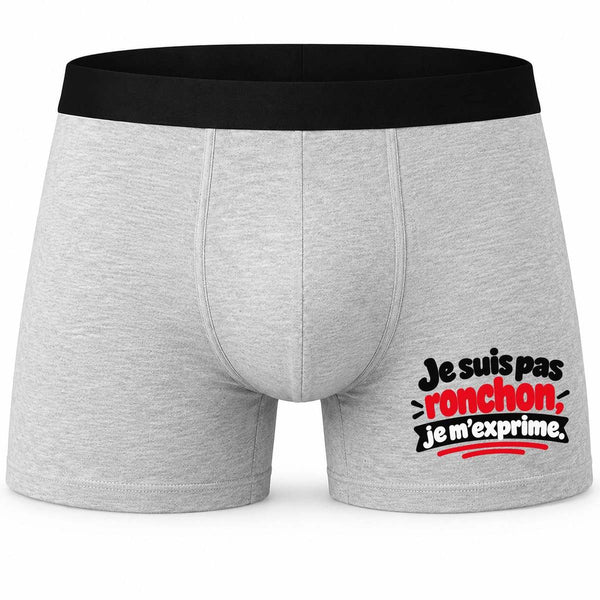 Boxer Homme Je suis Pas ronchon, Je m'exprime. Expressions Françaises | Caleçon Coton Gris Motif Devant Coutures Plates S à 5XL | Idée Cadeau Fête des Pères Noël
