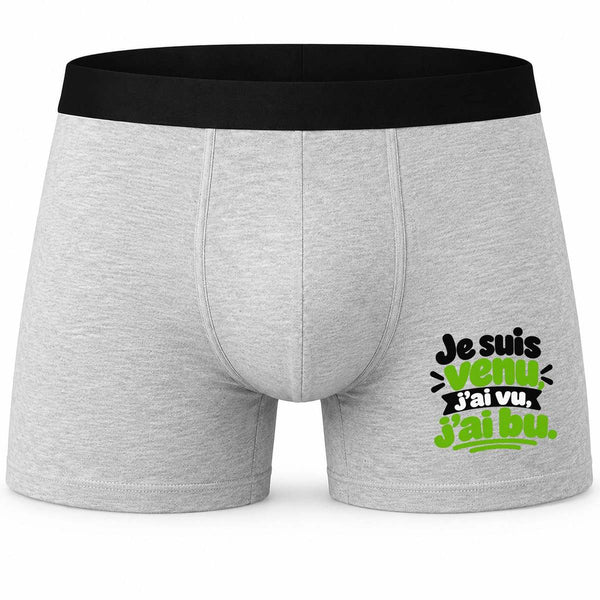 Boxer Homme Je suis Venu, J'Ai vu, J'Ai bu. Expressions Françaises | Caleçon Coton Gris Motif Devant Coutures Plates S à 5XL | Idée Cadeau Amateur Apéro Fête des Pères Noël