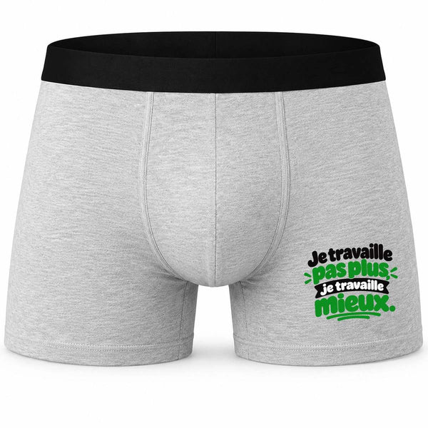 Boxer Homme Je Travaille Pas Plus, Je Travaille Mieux. Expressions Françaises | Caleçon Coton Gris Motif Devant Coutures Plates S à 5XL | Idée Cadeau Collègue Fête des Pères Noël