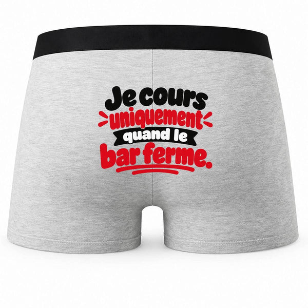 Boxer Homme Je Cours Uniquement Quand Le Bar Ferme. Expressions Françaises | Caleçon Coton Gris Motif au Dos Coutures Plates S à 5XL | Idée Cadeau Amateur Apéro Fête des Pères Noël
