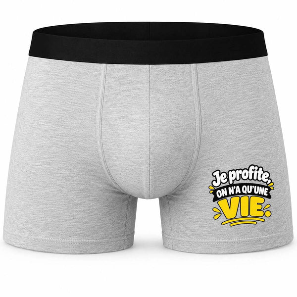 Boxer Homme Je Profite, on n'a qu'une Vie. Expressions Françaises | modèle 1 | Caleçon Coton Gris Motif Devant Coutures Plates S à 5XL | Idée Cadeau Fête des Pères Noël
