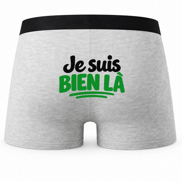Boxer Homme Je suis Bien là Expressions Françaises | Caleçon Coton Gris Motif au Dos Coutures Plates S à 5XL | Idée Cadeau Fête des Pères Noël