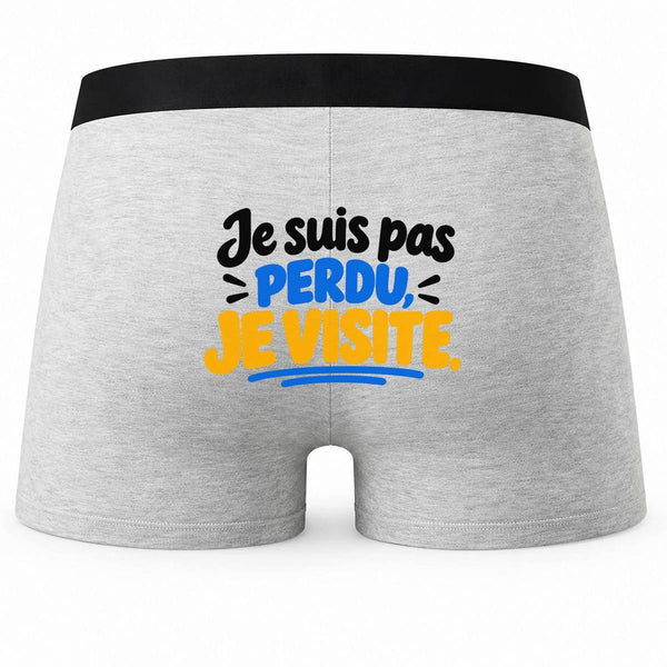 Boxer Homme Je suis Pas Perdu, Je Visite. Expressions Françaises | Caleçon Coton Gris Motif au Dos Coutures Plates S à 5XL | Idée Cadeau Fête des Pères Noël