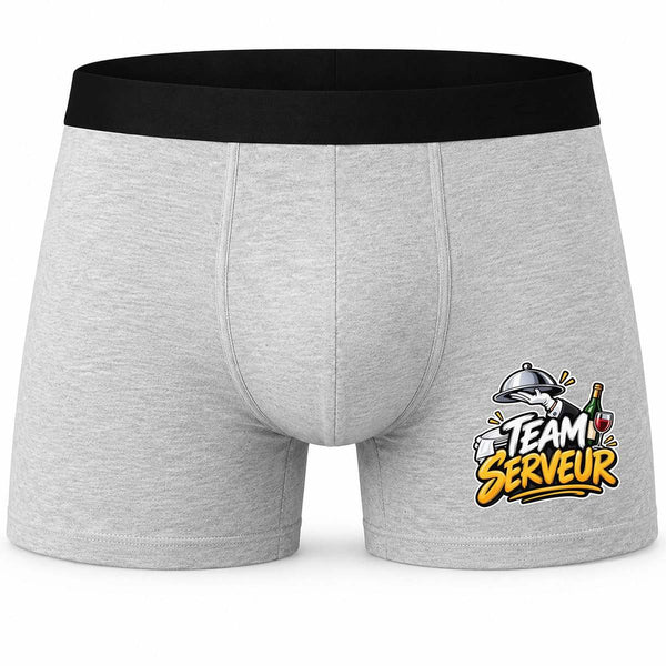 Boxer Homme Team Serveur | Caleçon Coton Gris Motif Devant Coutures Plates S à 5XL | Idée Cadeau Fête des Pères Noël