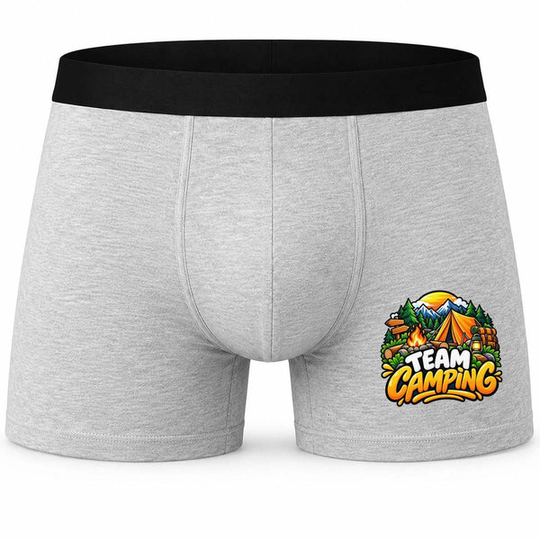 Boxer Homme Team Camping | Caleçon Coton Gris Motif Devant Coutures Plates S à 5XL | Idée Cadeau Campeur Fête des Pères Noël