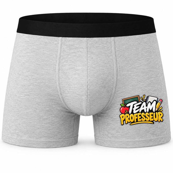 Boxer Homme Team Professeur | Caleçon Coton Gris Motif Devant Coutures Plates S à 5XL | Idée Cadeau Enseignant Fête des Pères Noël