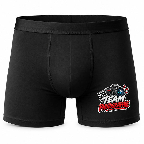 Boxer Homme Team Photographie | modèle 2 | Caleçon Coton Noir Motif Devant Coutures Plates S à 5XL | Idée Cadeau Photographe Fête des Pères Noël