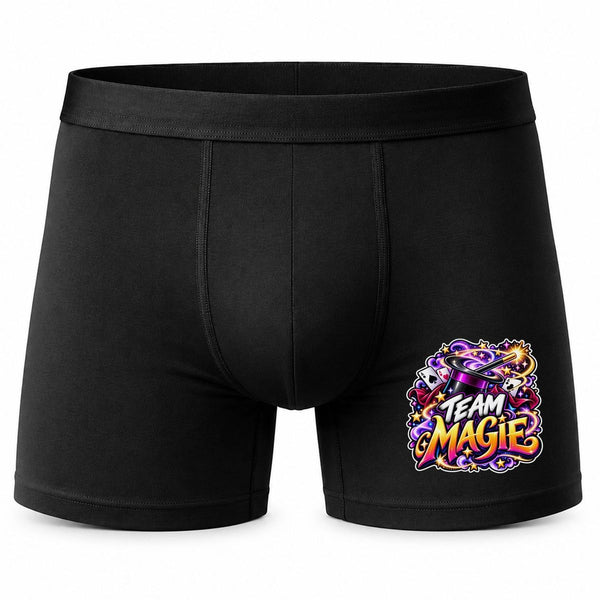 Boxer Homme Team Magie | modèle 1 | Caleçon Coton Noir Motif Devant Coutures Plates S à 5XL | Idée Cadeau Magicien Fête des Pères Noël