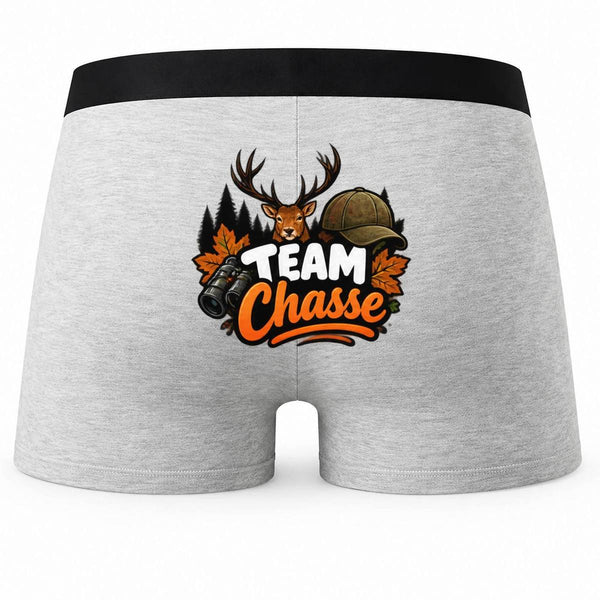 Boxer Homme Team Chasse | Caleçon Coton Gris Motif au Dos Coutures Plates S à 5XL | Idée Cadeau Chasseur Fête des Pères Noël