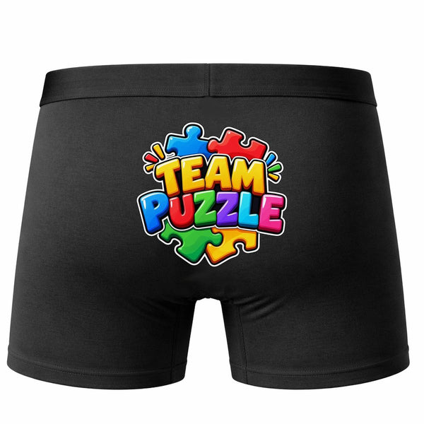 Boxer Homme Team Puzzle | Caleçon Coton Noir Motif au Dos Coutures Plates S à 5XL | Idée Cadeau Fête des Pères Noël
