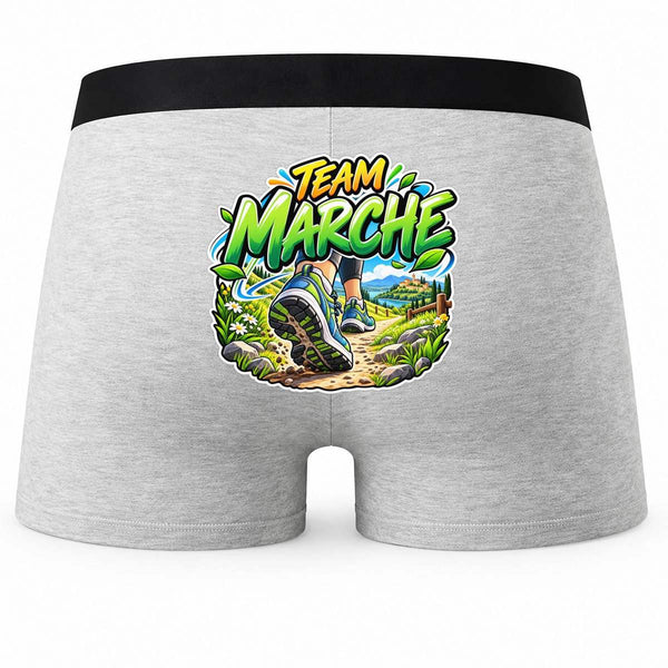 Boxer Homme Team Marche | modèle 1 | Caleçon Coton Gris Motif au Dos Coutures Plates S à 5XL | Idée Cadeau Marcheur Fête des Pères Noël