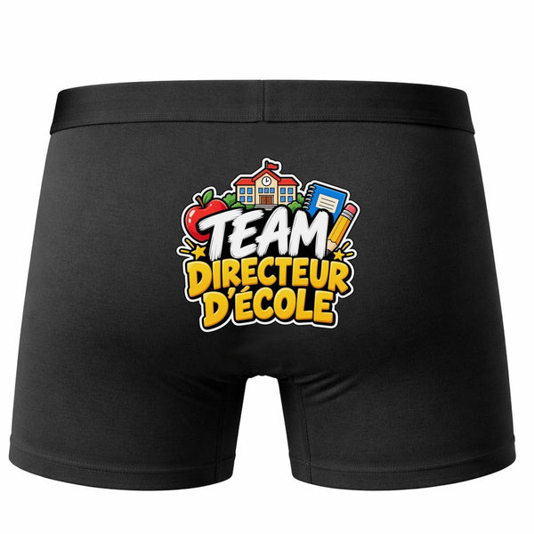 Boxer Homme Team Directeur d'école | Caleçon Coton Noir Motif au Dos Coutures Plates S à 5XL | Idée Cadeau Enseignant Fête des Pères Noël
