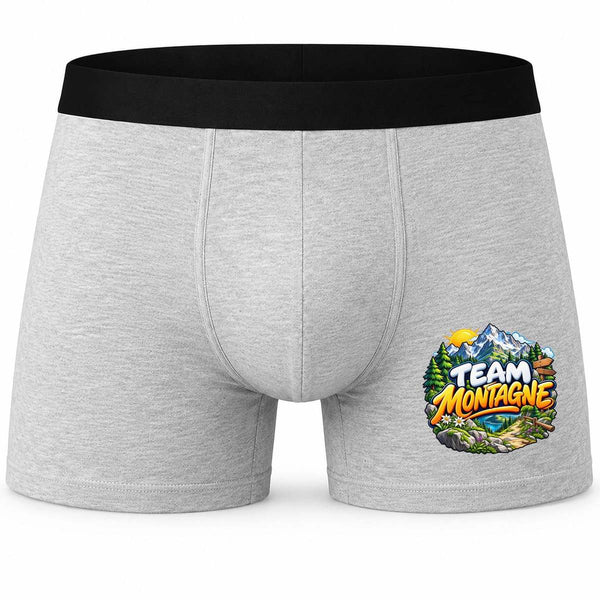 Boxer Homme Team Montagne | Caleçon Coton Gris Motif Devant Coutures Plates S à 5XL | Idée Cadeau Montagnard Fête des Pères Noël