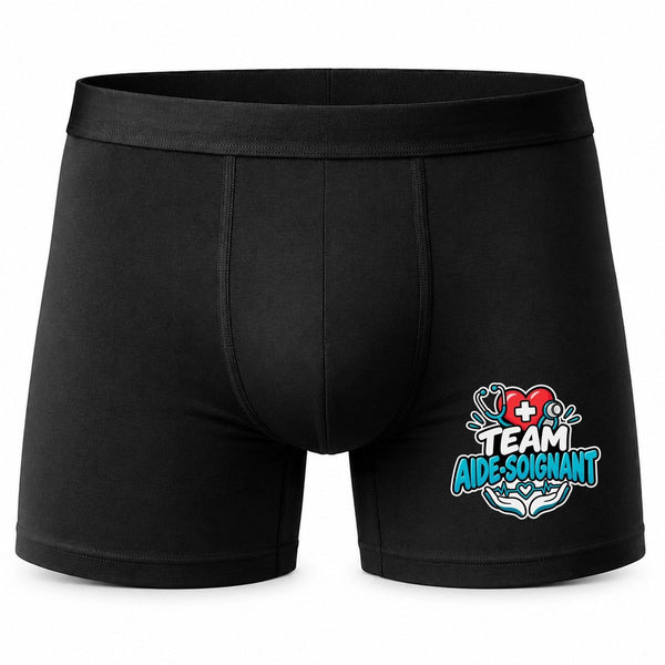 Boxer Homme Team Aide-Soignant | Caleçon Coton Noir Motif Devant Coutures Plates S à 5XL | Idée Cadeau Fête des Pères Noël