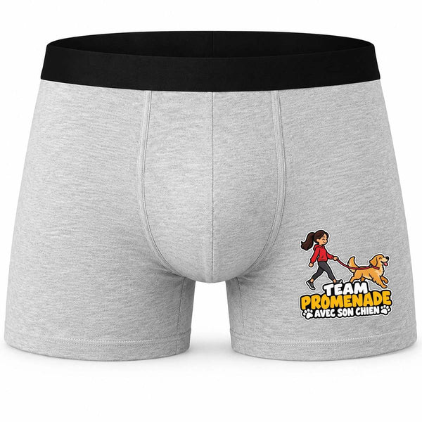 Boxer Homme Team Promenade avec Son Chien | modèle 2 | Caleçon Coton Gris Motif Devant Coutures Plates S à 5XL | Idée Cadeau Fête des Pères Noël