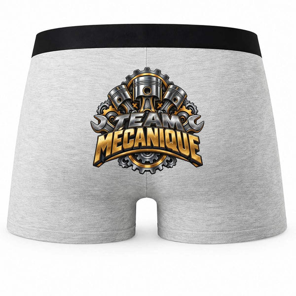 Boxer Homme Team mécanique | doré | Caleçon Coton Gris Motif au Dos Coutures Plates S à 5XL | Idée Cadeau Mécanicien Fête des Pères Noël