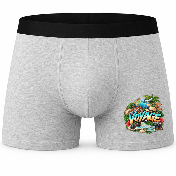 Boxer Homme Voyage | Caleçon Coton Gris Motif Devant Coutures Plates S à 5XL | Idée Cadeau Voyageur Fête des Pères Noël