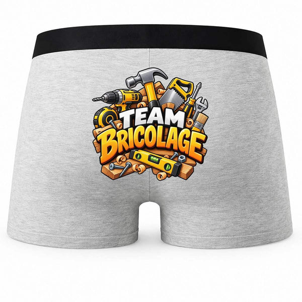 Boxer Homme Team Bricolage | modèle 1 | Caleçon Coton Gris Motif au Dos Coutures Plates S à 5XL | Idée Cadeau Bricoleur Fête des Pères Noël