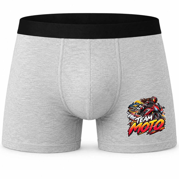 Boxer Homme Team Moto | modèle 1 | Caleçon Coton Gris Motif Devant Coutures Plates S à 5XL | Idée Cadeau Motard Fête des Pères Noël