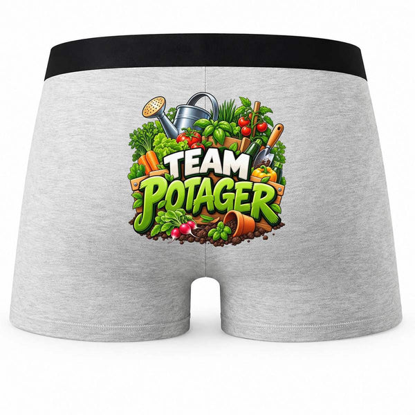 Boxer Homme Team Potager | modèle 1 | Caleçon Coton Gris Motif au Dos Coutures Plates S à 5XL | Idée Cadeau Jardinier Fête des Pères Noël